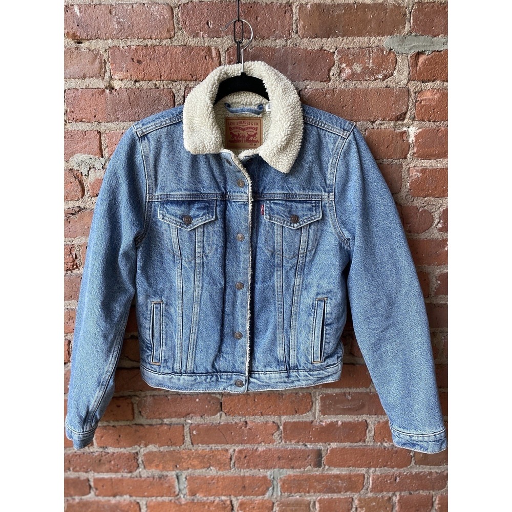 Levi's Women's Denim sz M Sherpa Trucker Jacket Type 3 Light Blue Washed